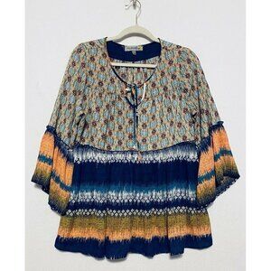Figueroa & Flower Womens Peasant Top 3/4 Bell Sleeves Tie Neck Flowy Boho Medium